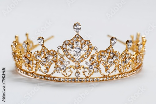 Gold crown adorned with sparkling crystals.  A delicate tiara, showcasing intricate designs and glittering gems, sits on a plain white surface