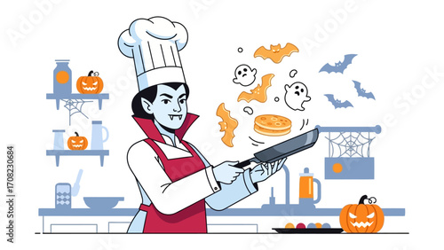 Halloween Chef's Culinary Magic: A cartoon vampire chef expertly flips a pancake in the kitchen, surrounded by Halloween-themed elements, creating a fun and festive culinary scene.