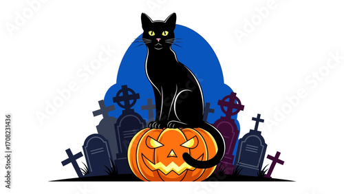 Spooky Black Cat on Jack-o'-Lantern at Graveyard: A charming black cat with piercing yellow eyes perches atop an illuminated jack-o'-lantern, surrounded by tombstones.