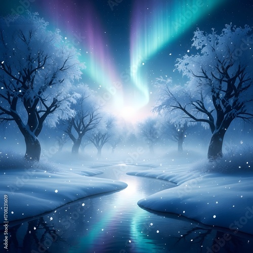 Winter wonderland aurora borealis snow scene landscape trees river night sky northern lights fantasy art