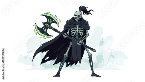 Death Knight: A menacing, skeletal warrior stands defiant, axe held high, embodying power and the ethereal. Featuring a striking digital illustration style.