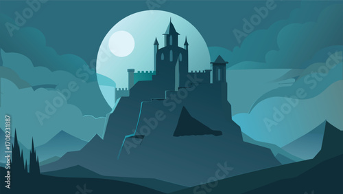 Mysterious ancient castle foggy night full moon spooky silhouette vector illustration eps