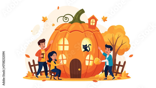 Pumpkin House Fun: Festive illustration of friends gathered, celebrating autumn joy at a whimsical pumpkin house. The image encapsulates the spirit of togetherness and seasonal mirth.
