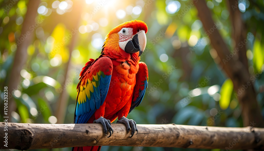 Obraz premium Vibrant macaw with red, yellow, and blue feathers perched on a tree branch in a tropical setting