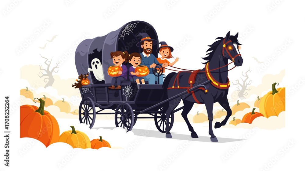 Fototapeta premium Halloween Carriage: A whimsical, family-friendly Halloween scene unfolds as a horse-drawn carriage, adorned with festive decorations, carries a group of cheerful children and a parent.