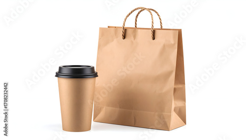 Brown paper coffee cup and kraft paper bag for takeaway service
