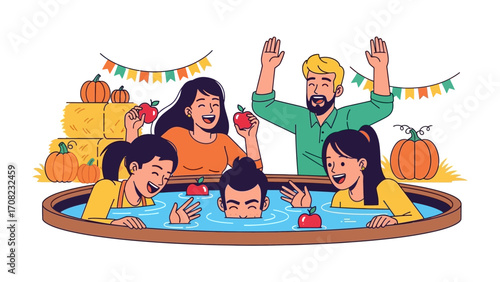Apple Bobbing Fun:  Vibrant illustration captures a joyful harvest season scene with people enthusiastically participating in the classic apple bobbing game.