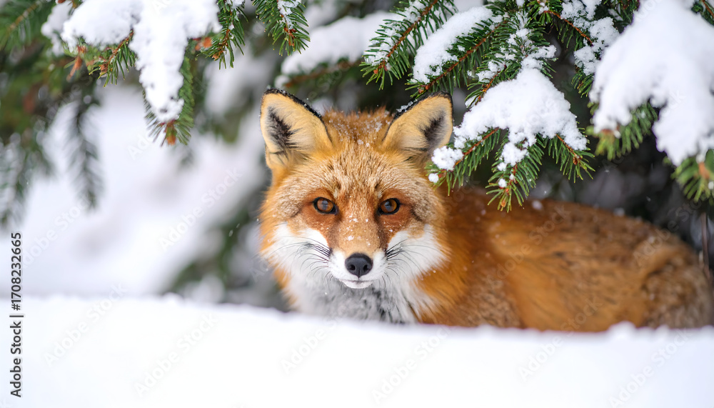 Fototapeta premium Red fox peeking from under snowy evergreen branches in winter forest