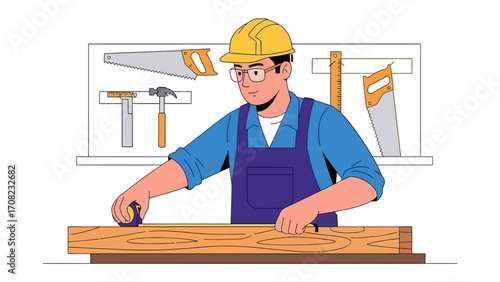 Woodworker at Work: A skilled woodworker, focused on measuring and precision, stands amidst the tools of the trade, his actions showcasing the artisan's attention to detail and the craftsmanship. 