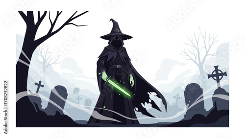 Mystical figure at graveyard: An enigmatic figure shrouded in a hooded cloak stands in a foggy graveyard, wielding a mysterious green glow. Capturing the atmosphere of mystery and the surreal.