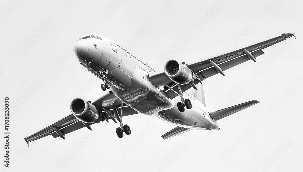 Fototapeta premium Black and white photo of an airplane in flight