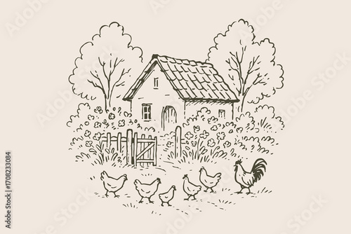 Countryside cottage with chickens vintage sketch vector illustration