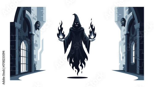 Mysterious Sorcerer of the Esoteric Arts: A spectral figure, enveloped in flowing robes, conjures flames in a gothic alley, offering a glimpse into the dark realm. 