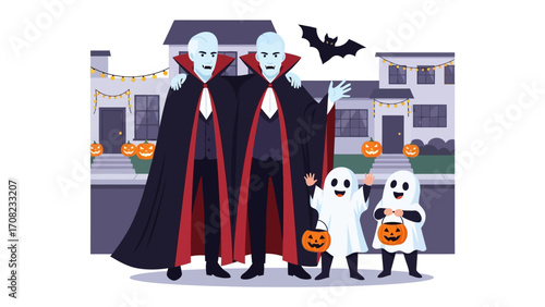 Halloween Trick-or-Treaters: Charming illustrations bring the spirit of Halloween to life, featuring costumed figures ready for trick-or-treating amidst spooky decorations.