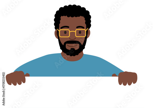 Smiling African American man with glasses and beard holding a blank white banner with both hands offering copy space for presentation.