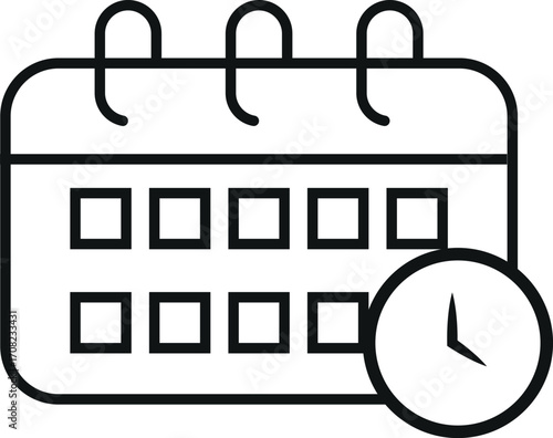 Ícono de calendario con reloj – diseño lineal minimalista en blanco y negro