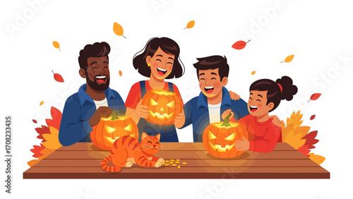 A Cheerful Family Crafting Pumpkins: A diverse family collaboratively carves pumpkins in a lively scene, capturing the fun and festive spirit of the season.