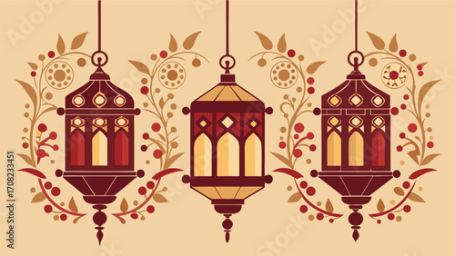 Elegant ornate ramadan lanterns illuminate festive islamic decorative background vector illustration