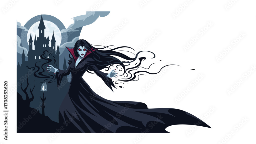 Obraz premium Enigmatic vampire's enchantment: A mysterious vampire, enveloped in darkness, stands before a gothic castle beneath the eerie glow of the moon, embodying the spirit of Halloween