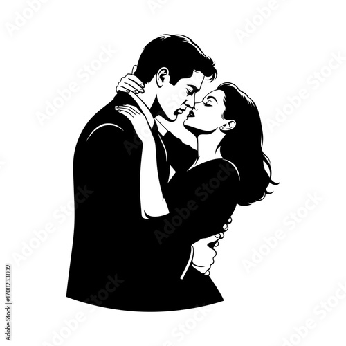 Passionate couple sharing an intimate moment, captured in a timeless, elegant black and white silhouette