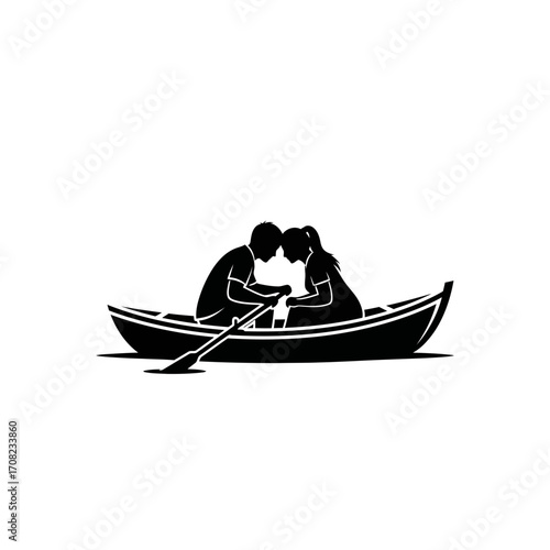 Couple rowing boat together in intimate moment, sharing connection and romance on water