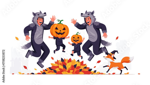 Halloween Fun: A vibrant illustration of a family and a fox celebrating Halloween, jumping and playing with carved pumpkins and a pile of colorful fallen leaves.