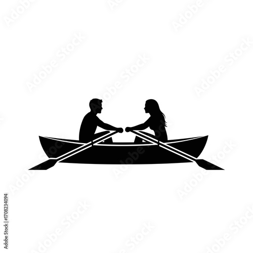 Couple rowing boat together in perfect sync symbolizing teamwork and shared adventure