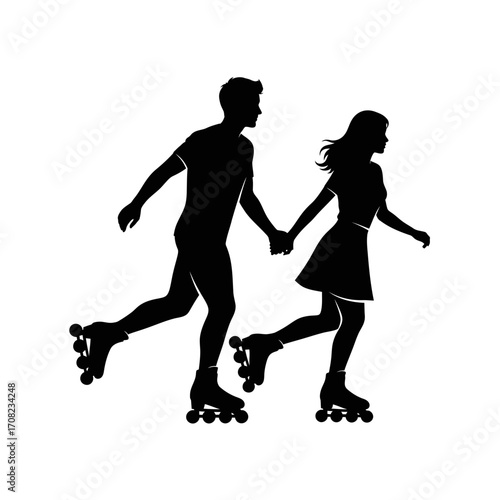 Joyful couple holding hands rollerblading together in a dynamic outdoor scene