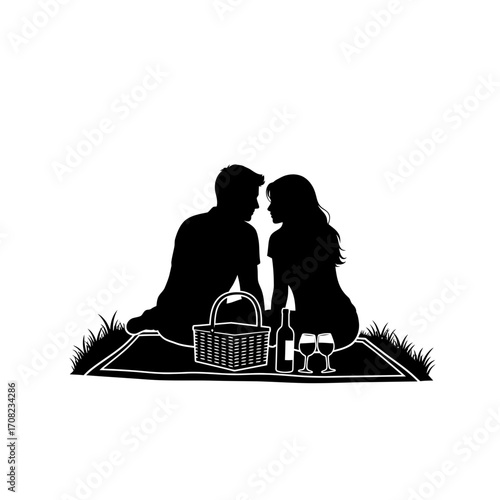 Romantic couple enjoying a peaceful picnic with wine and basket, celebrating love and connection outdoors.