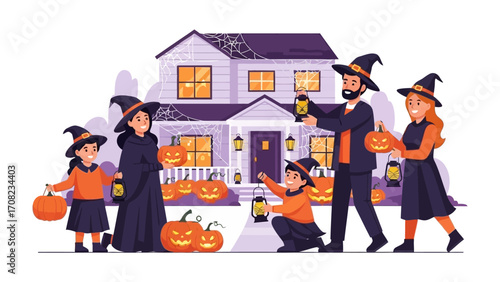 Halloween Family Fun: A whimsical illustration captures a spirited family reveling in the enchanting Halloween atmosphere, adorned in costumes and surrounded by Jack-o'-lanterns.