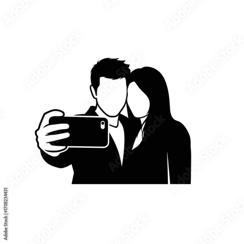 Stylish couple taking selfie with phone, capturing a modern moment of connection and affection