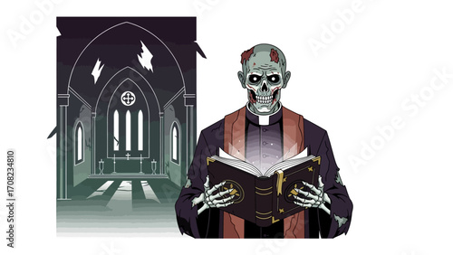 Undead Priest in Creepy Church: A haunting illustration depicts a skeletal priest standing ominously before a crumbling church, illuminated by the eerie glow of a sacred text.