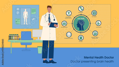 Flat vector illustration of a doctor advising on brain health and mental health care, perfect for healthcare landing pages, medical websites, and presentations.