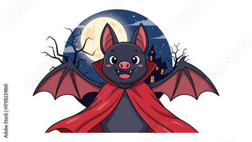 Spooky Bat in Halloween: A cartoon image of a smiling bat is poised in front of the moon and the silhouette of a spooky home, inviting viewers into a world of playful spookiness and fun.