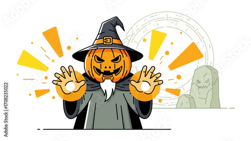 Mysterious pumpkin: A bewitching illustration of a pumpkin-headed character, dressed in a wizard's robe and hat. radiating a mystical aura, set against a backdrop of eerie shapes.