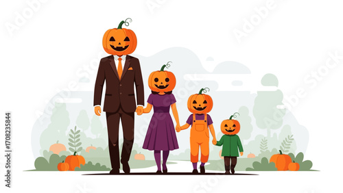 Spooky Pumpkin Family's Day Out: A family, each adorned with a jack-o'-lantern head, joyfully strolls through a whimsical landscape, embracing the eerie charm of Halloween. 