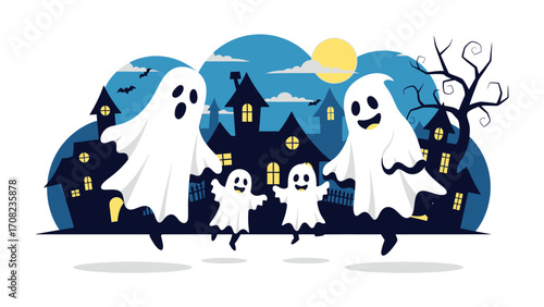 Halloween Spooktacular: A playful illustration capturing the essence of Halloween with ghostly figures amidst a haunted mansion and the full moon. A scene of spooky celebration.
