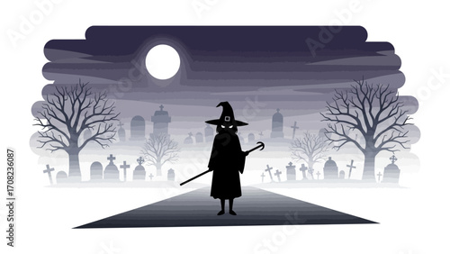 The Enchanted Journey: An eerie silhouette, enveloped in darkness and mystery, traverses a mist-laden path, venturing into a surreal graveyard landscape under the spell of a radiant full moon.