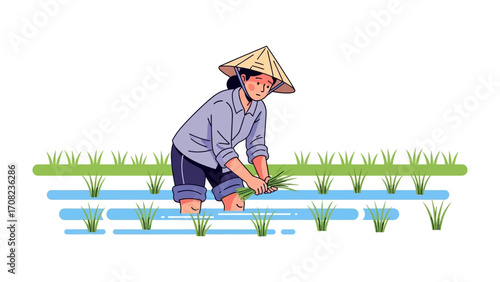 Cultivating Harmony: A dedicated worker wearing traditional headwear, skillfully tends to a vibrant rice field, symbolizing labor and nourishment. 