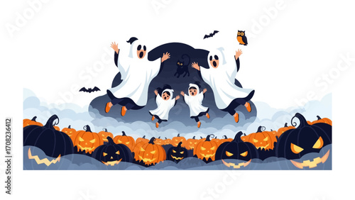 Halloween Illustration: A whimsical illustration of Halloween featuring ghostly figures and carved pumpkins. capturing the fun and spooky spirit of the holiday.
