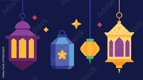 Diverse ramadan lanterns glowing vector illustration festive islamic decorative elements scalable eps