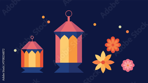 Glowing ramadan lanterns and flowers vector illustration scalable eps