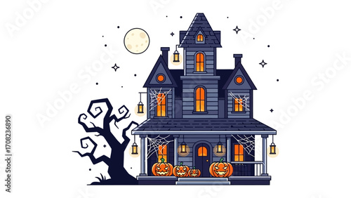 Spooky House Illustration: A captivating digital illustration of a haunted house, enveloped in an atmosphere of eerie mystery with pumpkins.
