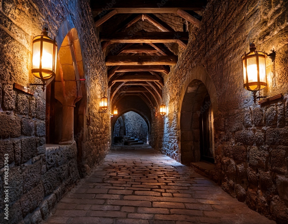Fototapeta premium a medieval castle hallway with stone walls and flickering torches