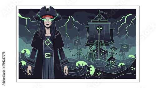 Mystic Pirate on Stormy Seas: A mysterious female pirate, illuminated by mystical green energy, stands defiant against a backdrop of a dark sea and a ghostly pirate ship.