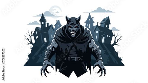 Mystic werewolf: A thrilling and foreboding depiction of a werewolf, cloaked and imposing, set against a backdrop of a haunted mansion beneath a moonlit night.