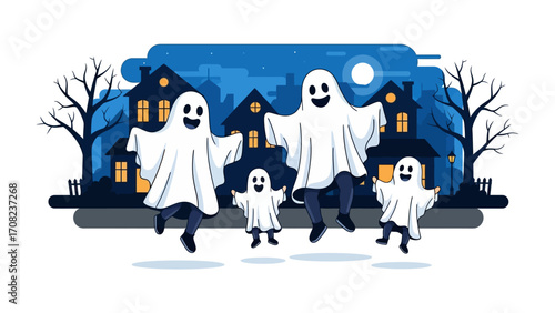 Whimsical Halloween Ghost Gathering: A delightful illustration capturing the playful essence of Halloween with a group of cheerful ghosts joyfully jumping in front of a spooky suburban backdrop.
