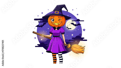 Halloween Pumpkin Witch: A captivating Halloween illustration depicts a playful pumpkin-headed witch, complete with pointed hat, purple dress, and striped stockings.