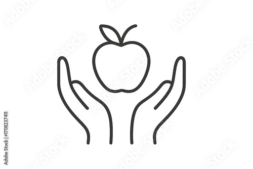 Hands holding apple thin line icon. Concept for healthy eating, nutrition, fresh food, organic fruit, diet and wellness. Health care, giving, sharing, and knowledge symbol.