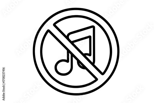 No music sign. Sound off symbol. Mute button icon. Vector line art of a forbidden musical note. Prohibited audio pictogram for quiet zones, websites, and applications.